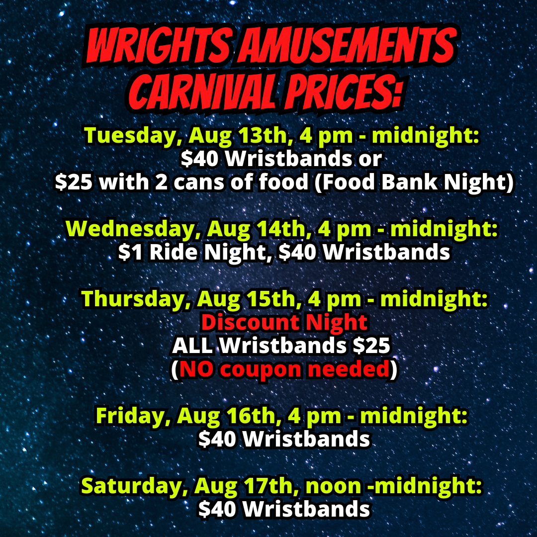 Pricing for Wrights Amusements Carnival Wristbands